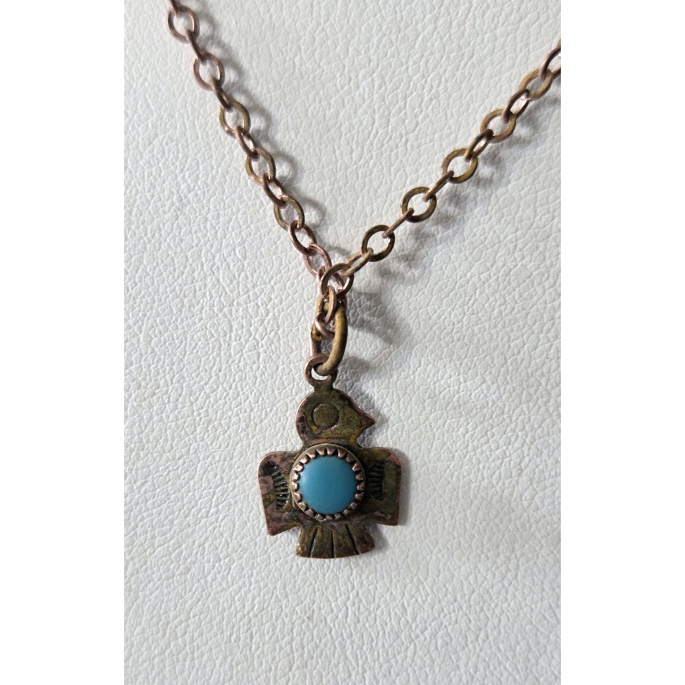 Vintage Small Blue Round Turquoise Thunderbird Pendant‎ Necklace 17"